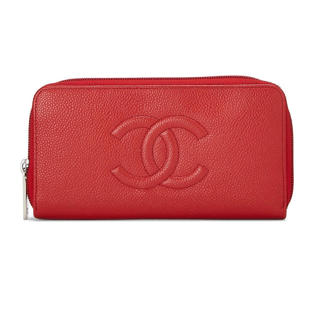 Chanel Red Caviar Zip Around Wallet